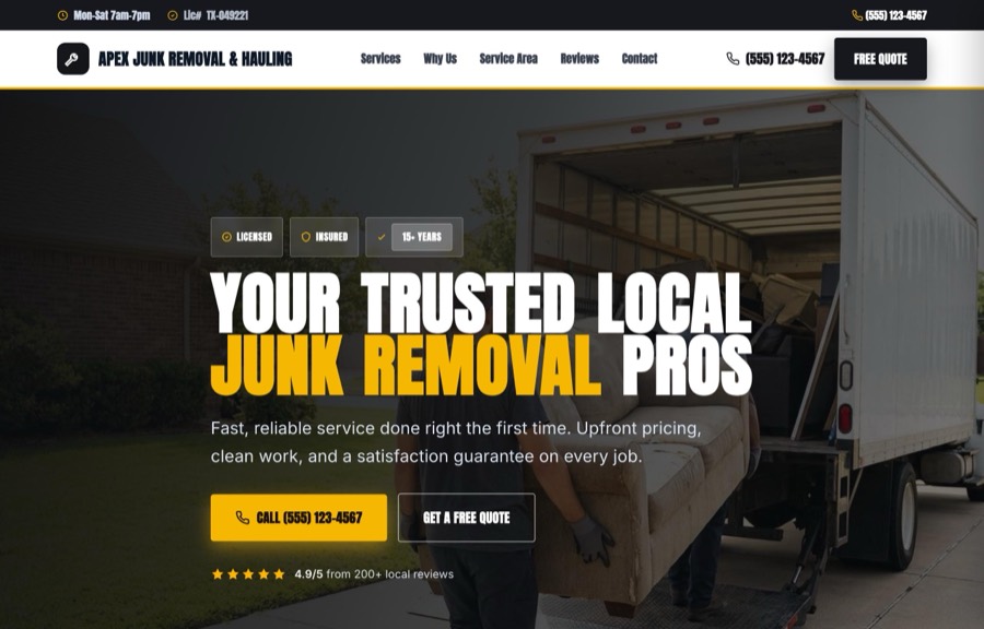 The Junk Removal website design by SiteNowPro, shown as the demo site Apex Junk Removal & Hauling