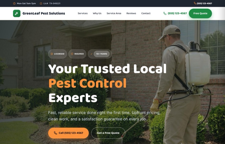 The Pest Control website design by SiteNowPro, shown as the demo site GreenLeaf Pest Solutions