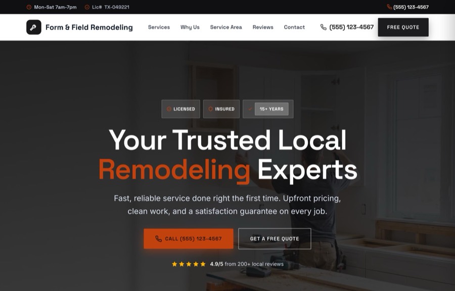 The Remodeling website design by SiteNowPro, shown as the demo site Form & Field Remodeling