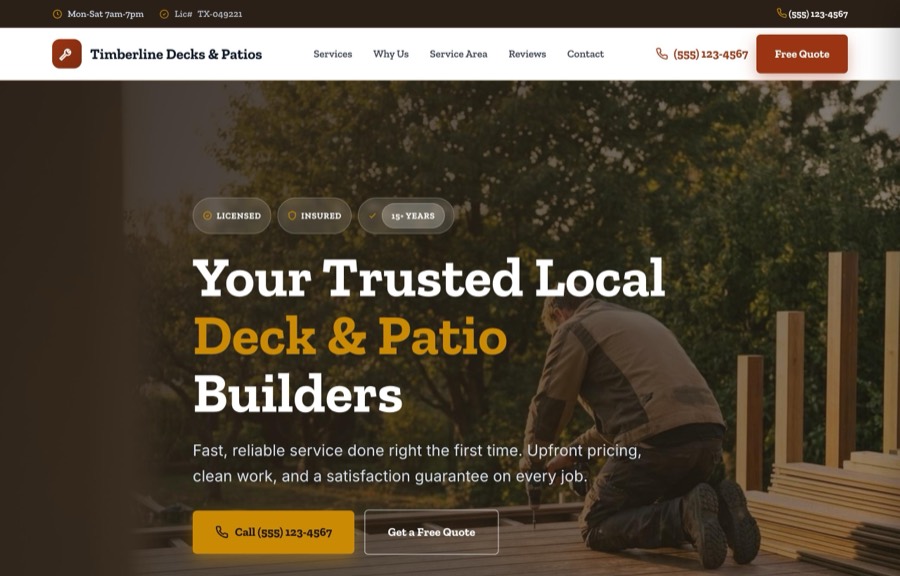 The Decks & Patios website design by SiteNowPro, shown as the demo site Timberline Decks & Patios