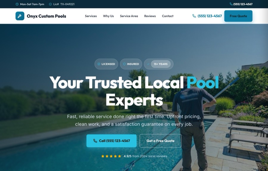 Full preview of the Pool website design, shown as demo company Onyx Custom Pools