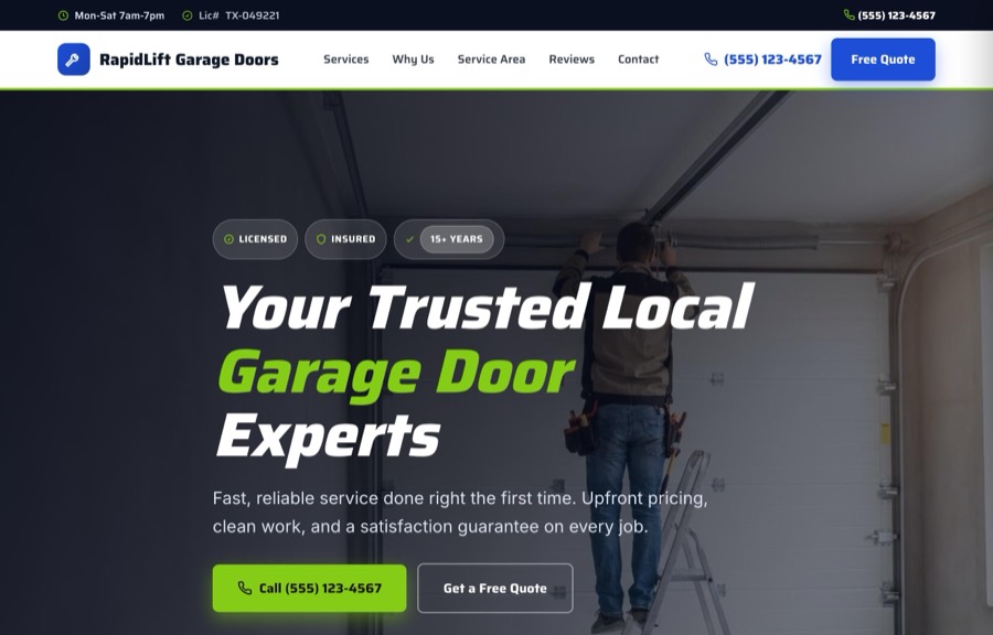 The Garage Doors website design by SiteNowPro, shown as the demo site RapidLift Garage Doors