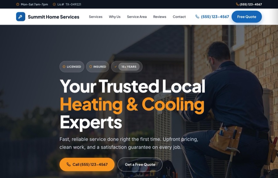 The HVAC website design by SiteNowPro, shown as the demo site Summit Home Services
