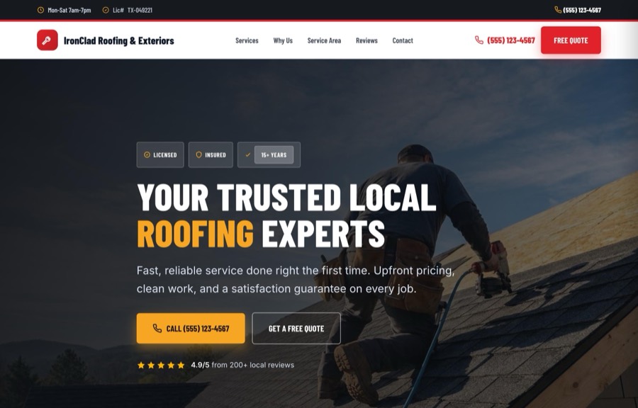 The Roofing website design by SiteNowPro, shown as the demo site IronClad Roofing & Exteriors