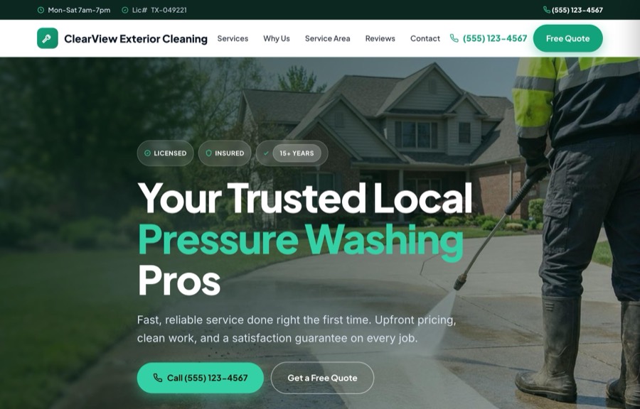 The Pressure Washing website design by SiteNowPro, shown as the demo site ClearView Exterior Cleaning
