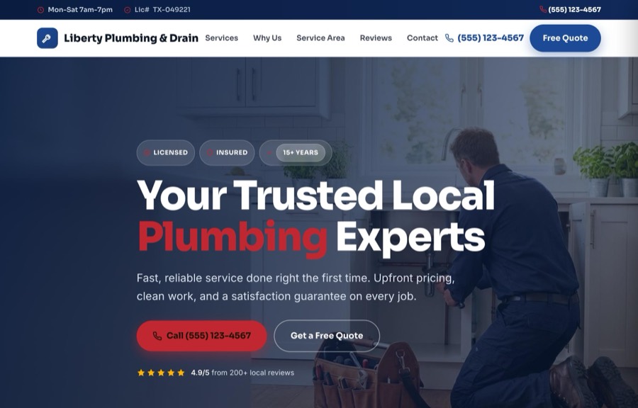 The Plumbing website design by SiteNowPro, shown as the demo site Liberty Plumbing & Drain