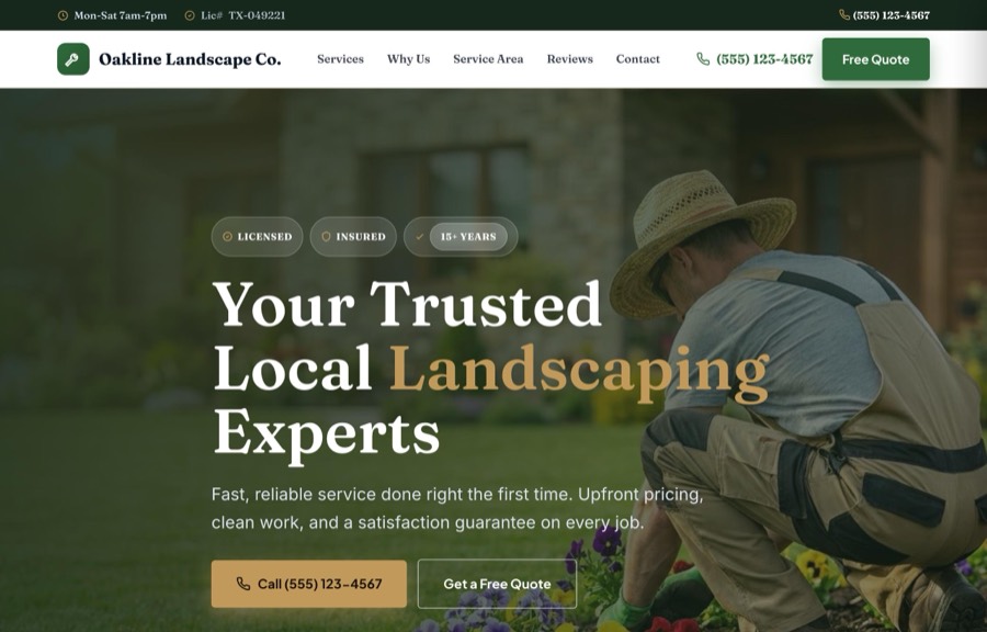 The Landscaping website design by SiteNowPro, shown as the demo site Oakline Landscape Co.