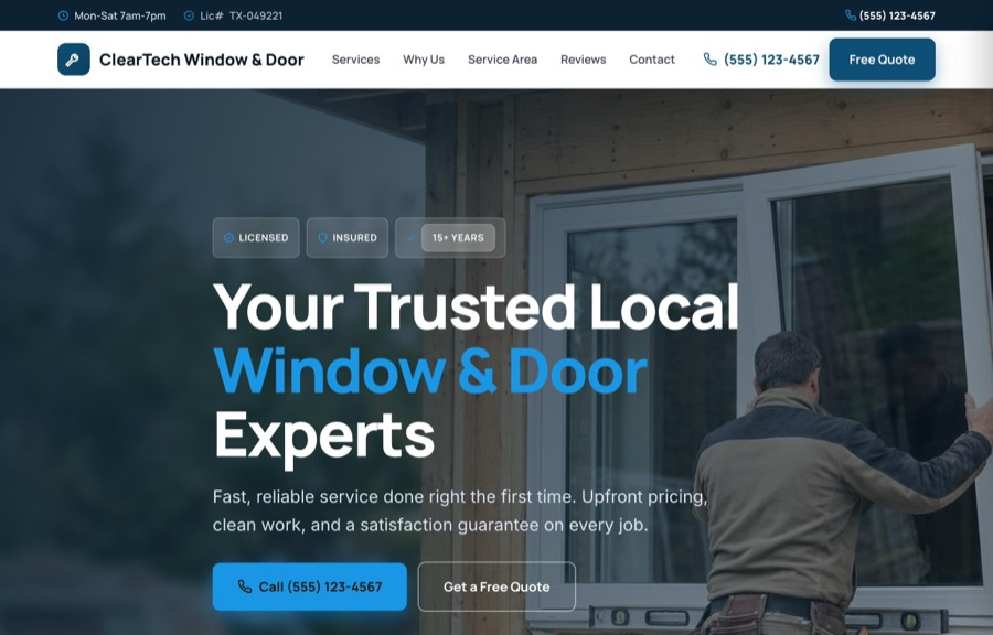The Windows & Doors website design by SiteNowPro, shown as the demo site ClearTech Window & Door