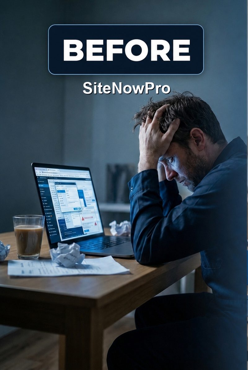 Before SiteNowPro: a frustrated business owner stuck in a complicated website builder.