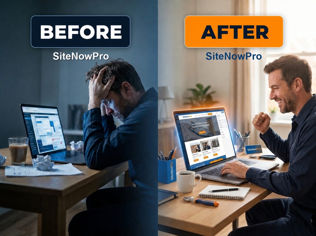 Before SiteNowPro: a frustrated business owner stuck in a complicated website builder. After SiteNowPro: the same owner smiling at his finished website.